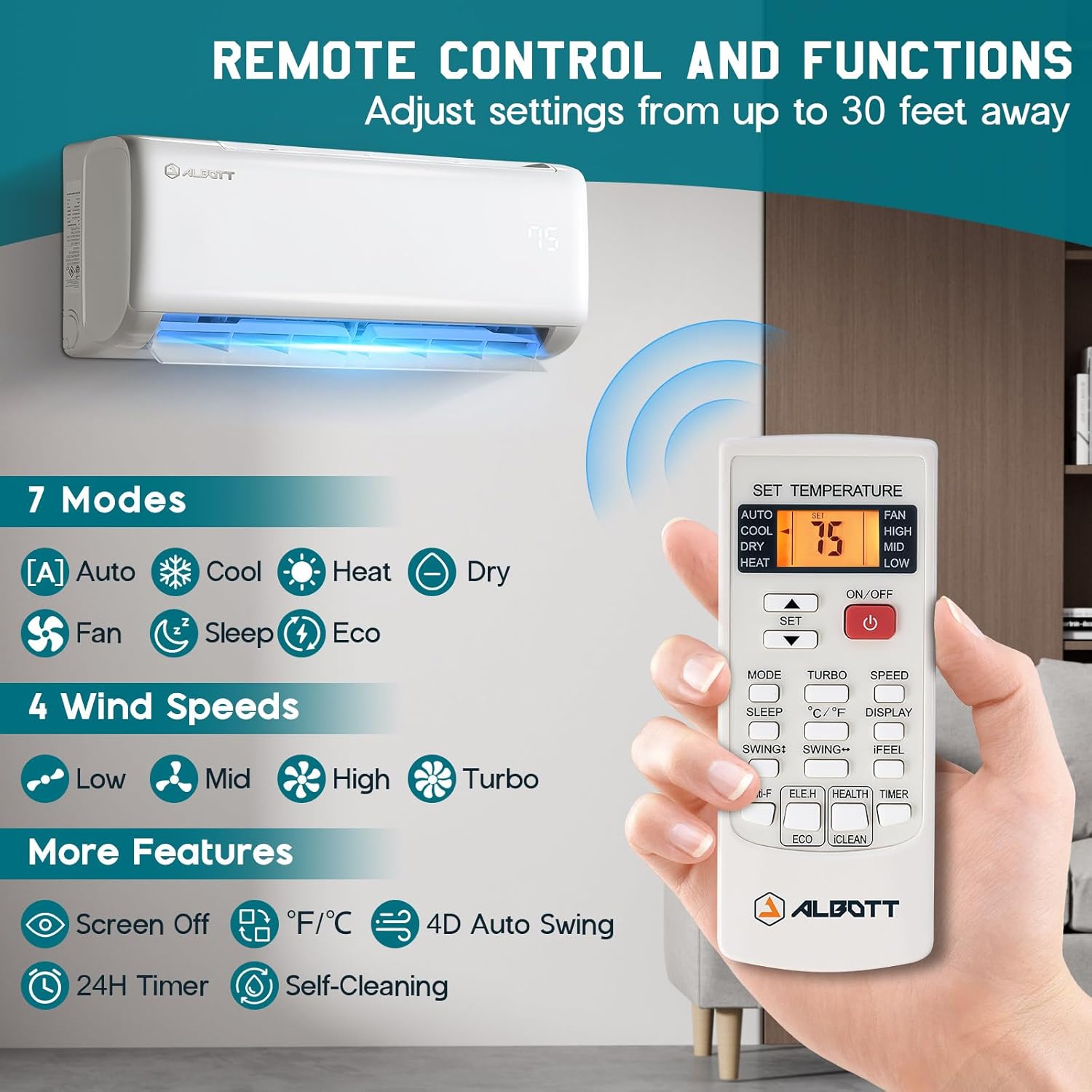 Albott 9100 BTU Mini Split Air Conditioner and Heater, SEER2 20.5, 115V, Inverter Heat Pump AC with Wi-Fi Smart Control, Voice Assistant, Self-Cleaning, Compatible with Alexa, Cools up to 450 Sq. Ft.