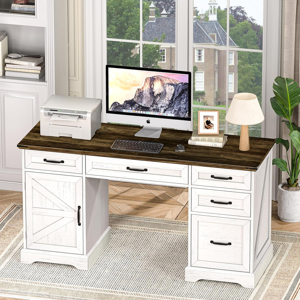 58" Farmhouse Executive Desk Modern Computer Desk with Drawers and File Cabinet Wooden Office Desk for Home Office Workspace with Storage for Working, Studying, Writing (Antique White)