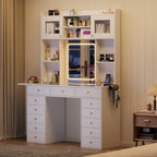 Vanity Desk with Mirror and Light, 47.2''W White Makeup Vanity with Glass Top and 13 Drawers, Fold-up Panel, Modern Vanity Table Set with Stool for Women Girls