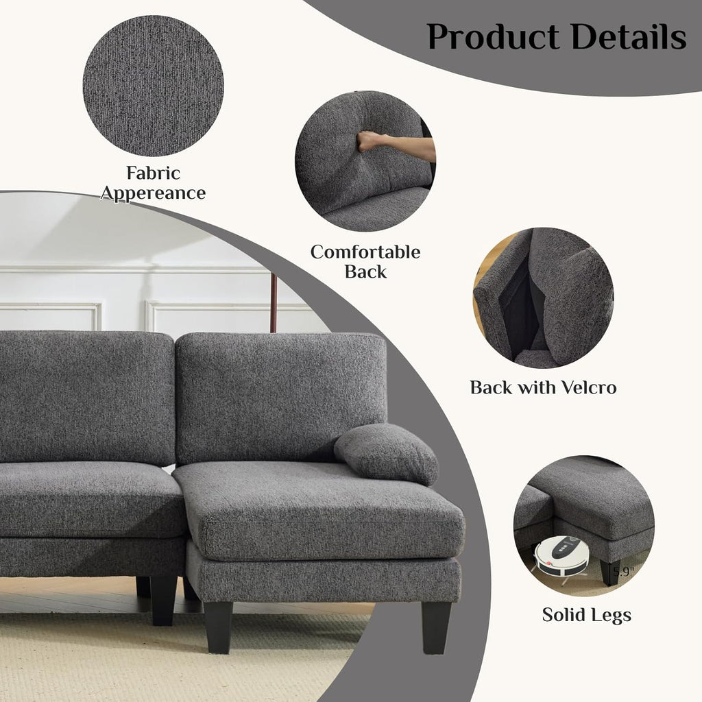 Karl home 110" U-Shape Sectional Couches for Living Room Chenille Upholstery 4 Seat Sofa Set with Double Chaises & Wood Grain Legs for Apartment, Dark Grey