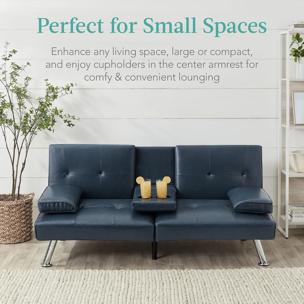 Best Choice Products Faux Leather Upholstered Modern Convertible Futon, Adjustable Folding Sofa Bed, Guest Bed w/Removable Armrests - Blue