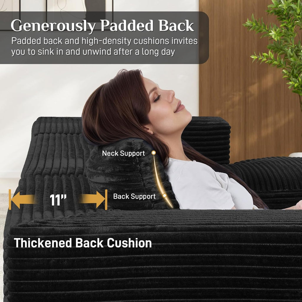131" Oversized U Shaped Cloud Sectional Couches for Living Room, Comfy Fluffy Corduroy Black Boneless Sectionals Couch, Plush Memory Foam Modular Sectional Sofa with Double Chaise- 20" High Seat
