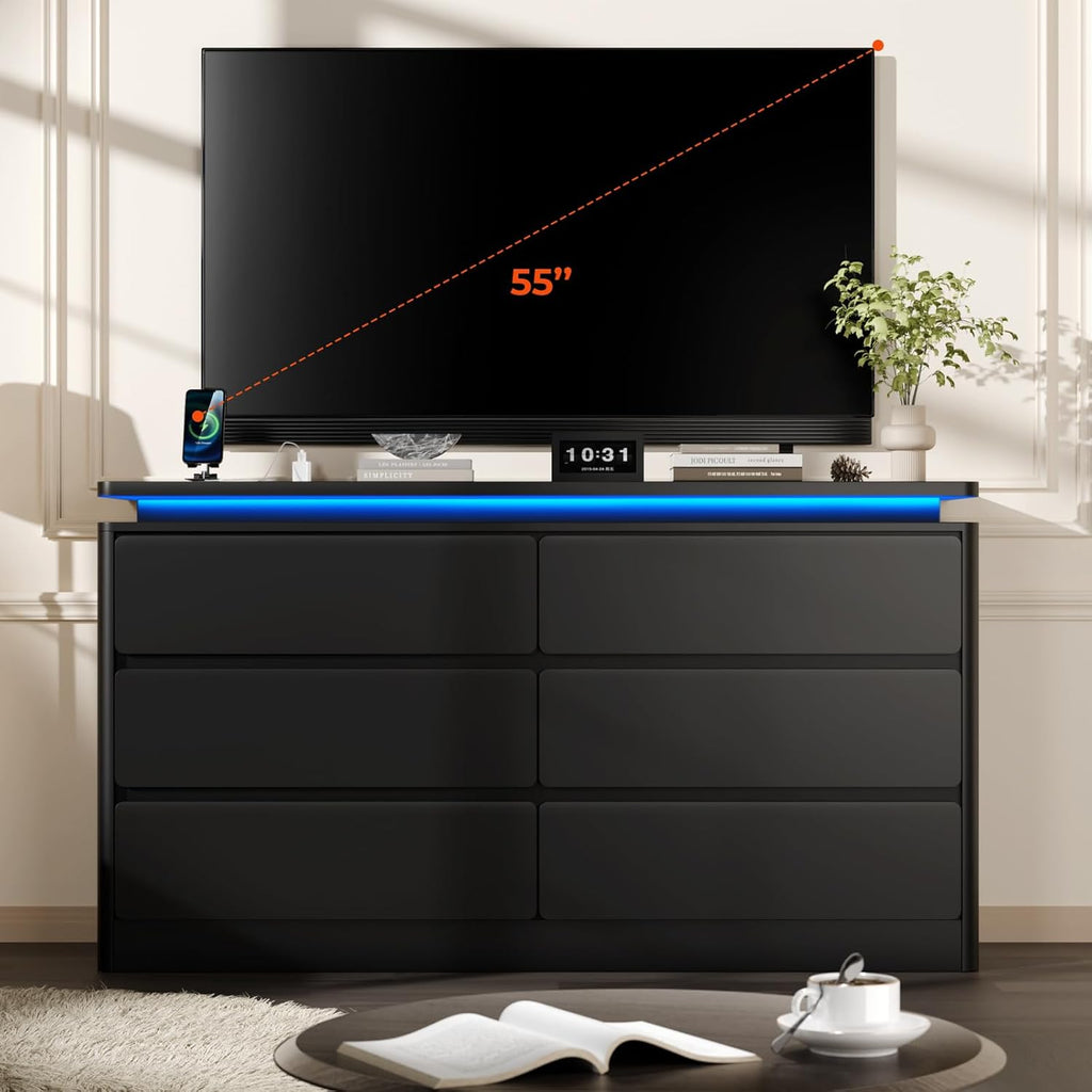 Loomie Upgraded 6 Drawer Black Dresser for Bedroom, 47.2" Long Chest of Drawers with Charging Station & LED Lights, Wooden Storage Cabinet Dresser for Closet,Modern TV Stand with Deep Drawers