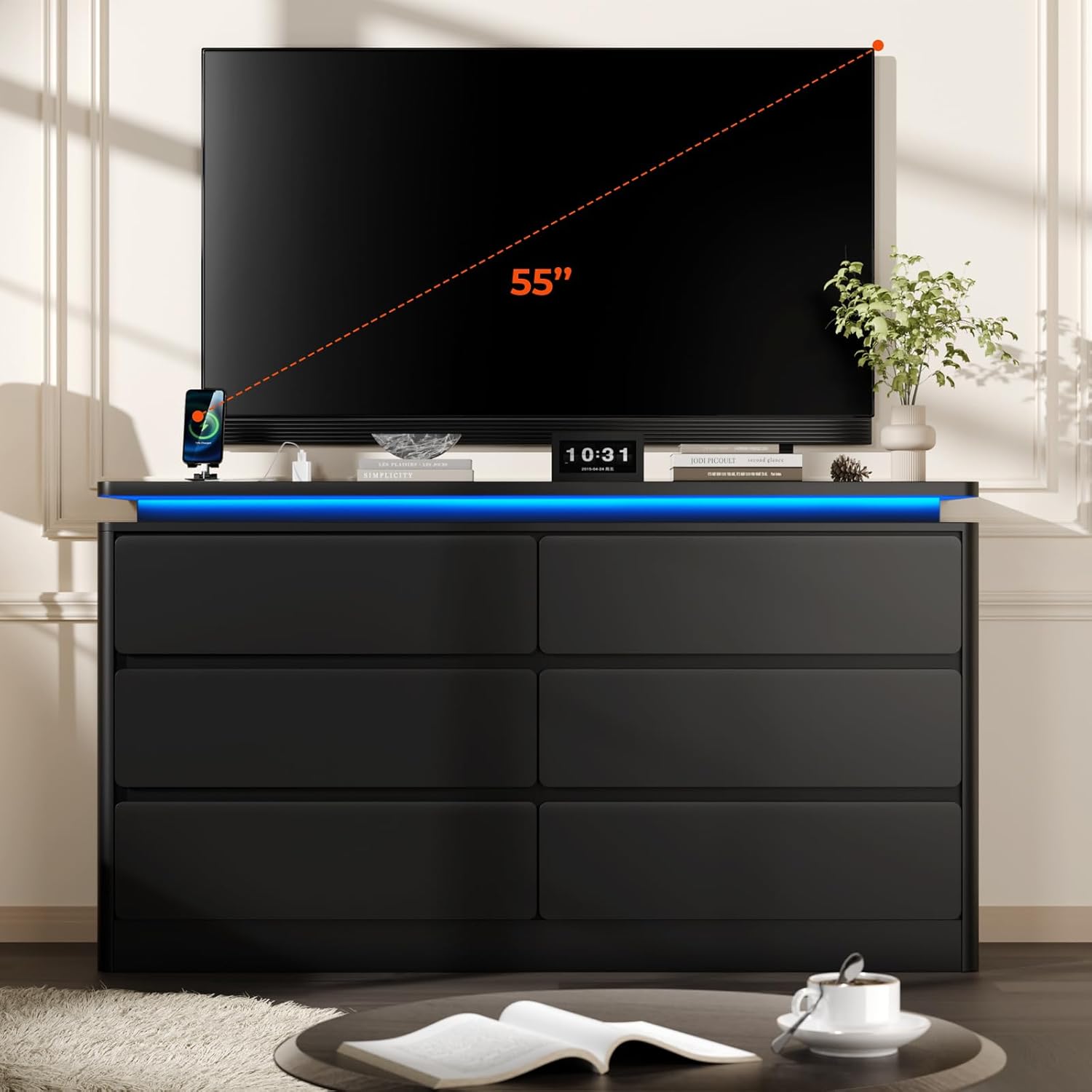 Loomie Upgraded 6 Drawer Black Dresser for Bedroom, 47.2" Long Chest of Drawers with Charging Station & LED Lights, Wooden Storage Cabinet Dresser for Closet,Modern TV Stand with Deep Drawers