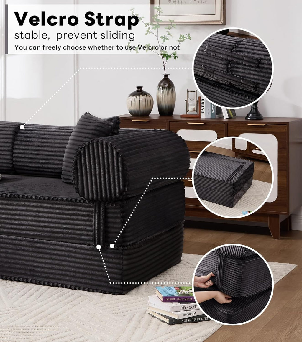 Tbfit 79'' Convertible Sofa Bed, Oversized Corduroy Folding Boneless Couch, Futon Mattress Sleeper Sofa, Comfy Foldable Upholstered Floor Couches for Living Room, Black