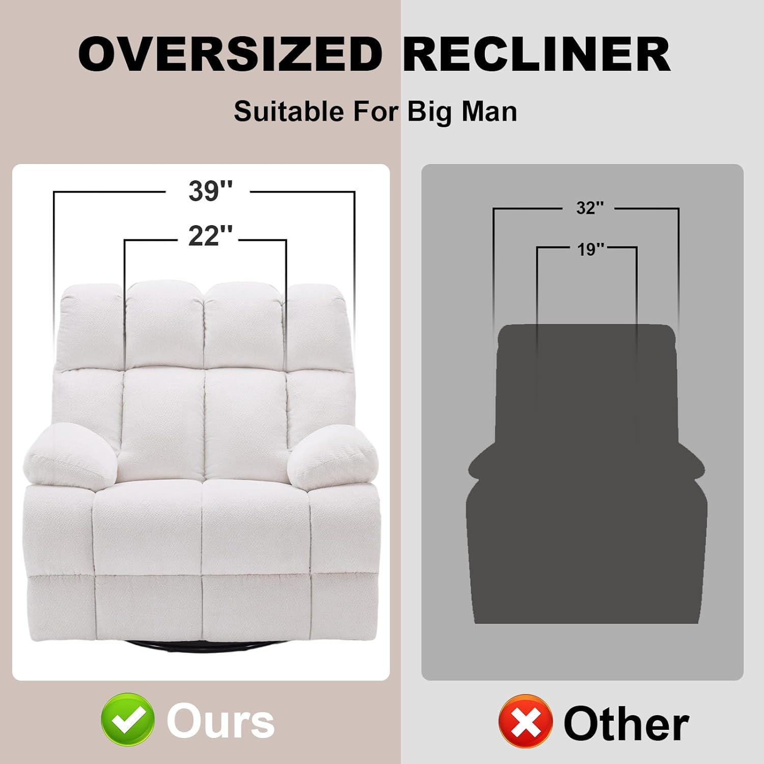 360° Swivel Glider Recliner, Oversized Recliner Rocker Chair, Extra Wide Manual Recliner, Overstuffed Soft Rocking Sofa Chair for Living Room& Bedroom (Beige)