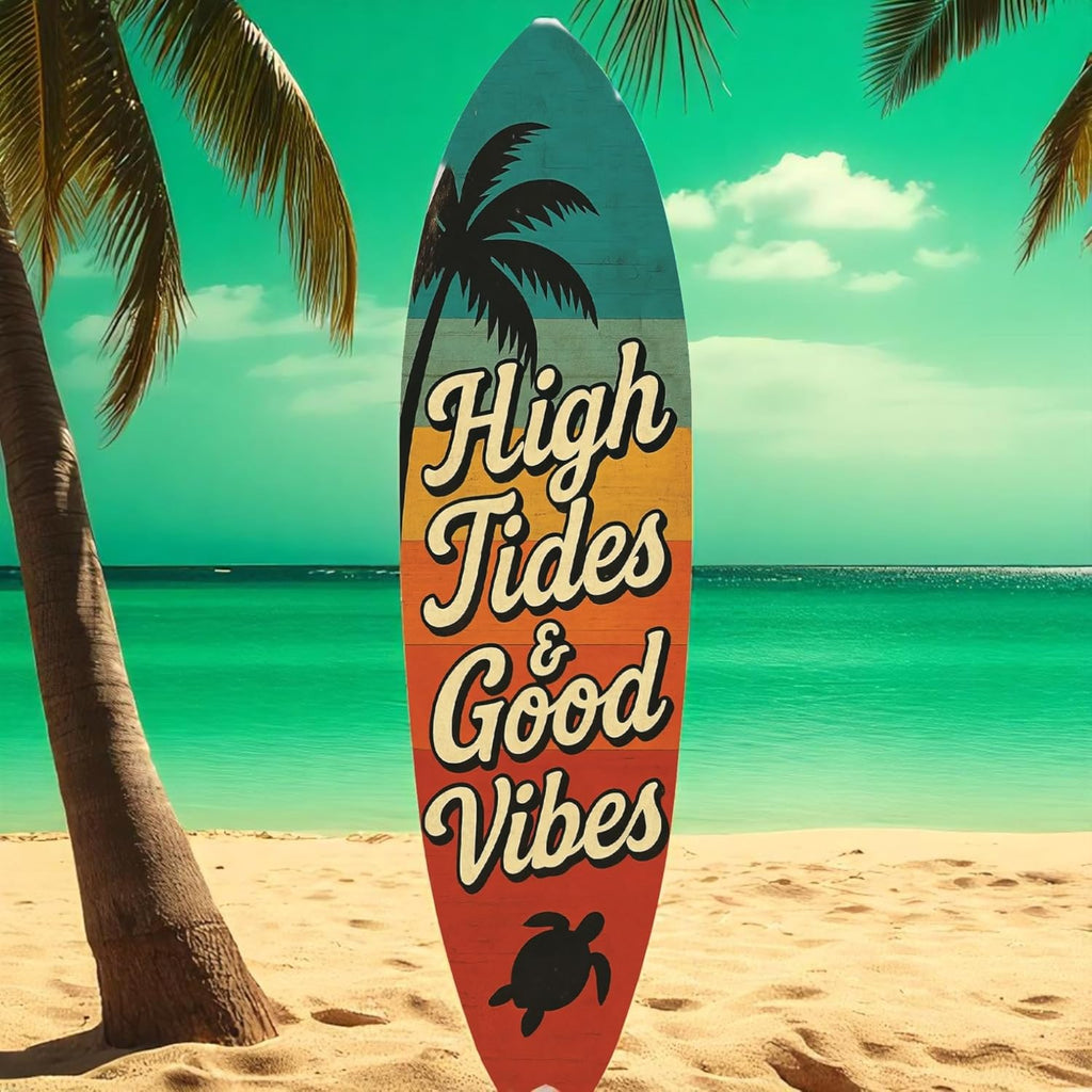 JennyGems High Tides Good Vibes Surfboard Sign Coastal Wall Decor with Sea Turtle, Palm Tree, Retro Beach House Art, Indoor Outdoor PVC, 5 Foot