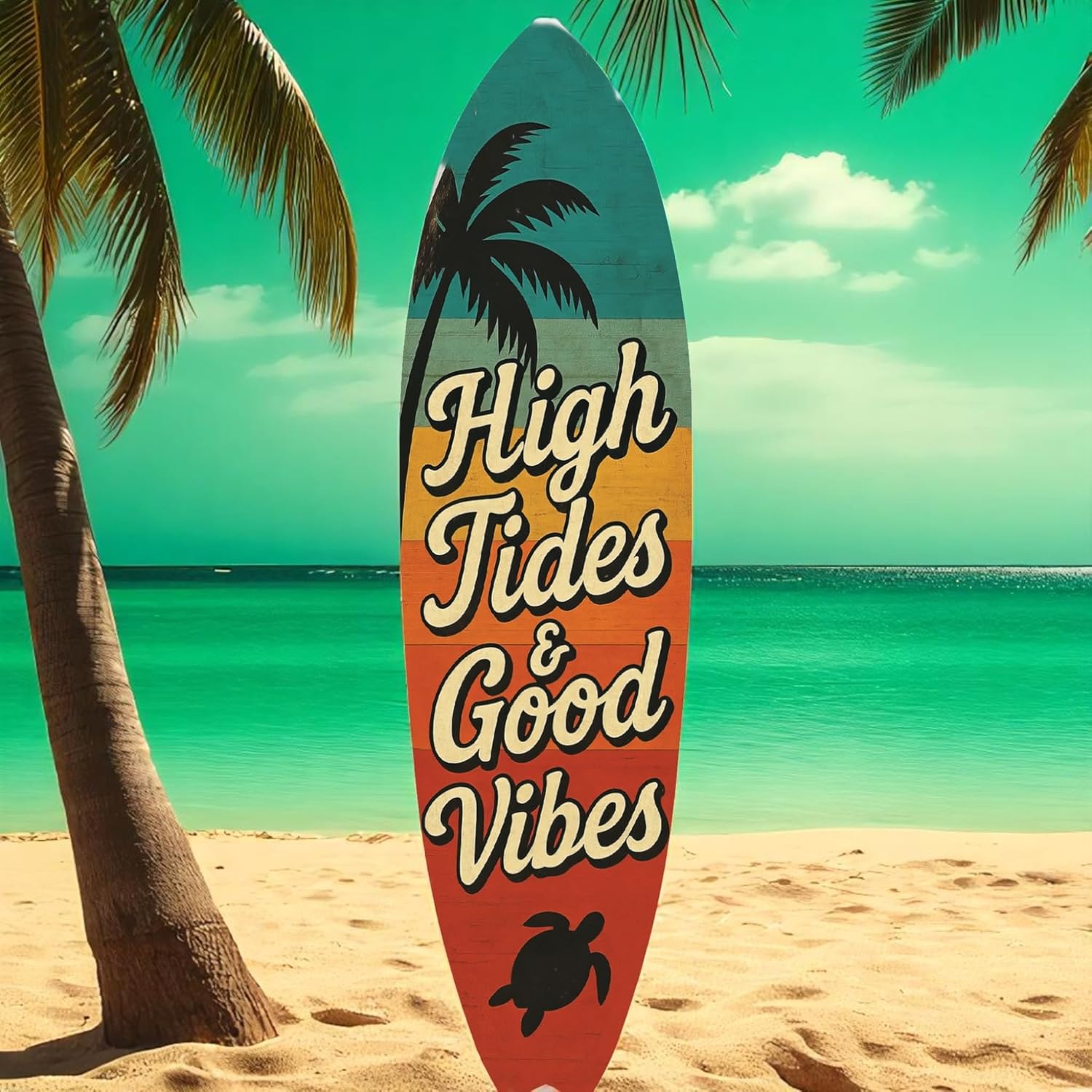 JennyGems High Tides Good Vibes Surfboard Sign Coastal Wall Decor with Sea Turtle, Palm Tree, Retro Beach House Art, Indoor Outdoor PVC, 5 Foot