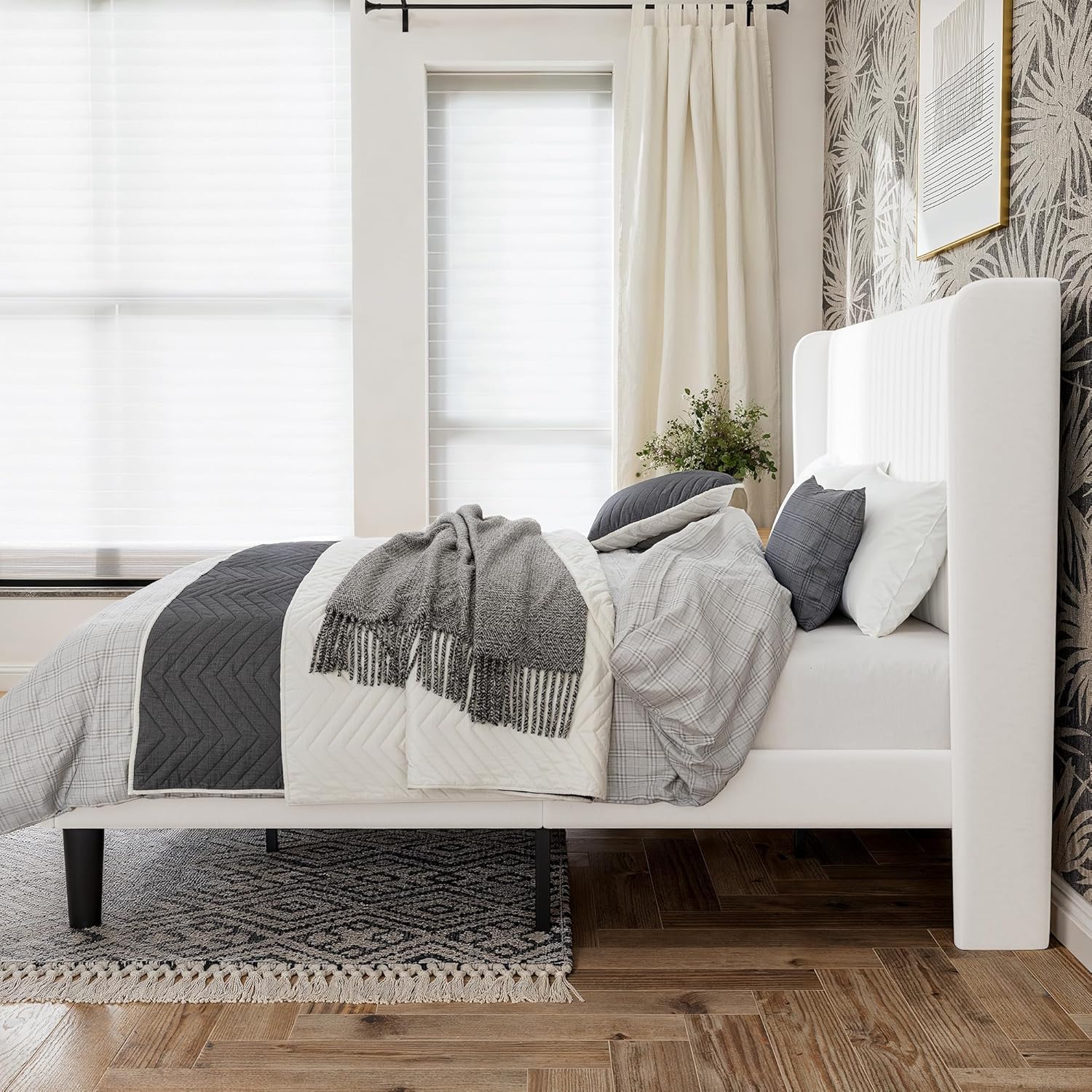 GOLDORO King Size Platform Bed Frame, Velvet Upholstered, Vertical Channel Tufted Wingback Headboard, Wooden Slats Support, No Box Spring Needed, Easy Assembly, White