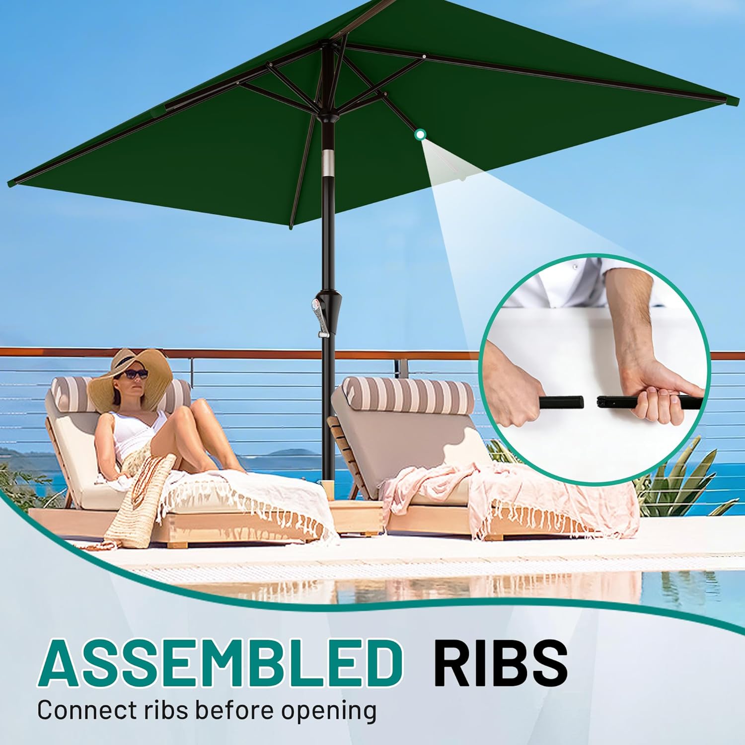 AreShark 6.5' x 10' Rectangular Patio Umbrellas for Outdoor, Outdoor Table Umbrella, Large Outdoor Patio Umbrellas with 6 Sturdy Ribs for Pool, Garden, Deck & Market (Dark Green)