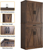 72" Tall Farmhouse Kitchen Pantry Cabinet with Drawer, Rustic Wood Cupboard Storage Cabinet w/Organizer and 4 Barn Doors, Storage Cabinet for Kitchen, Dining Room, Living Room, Brown