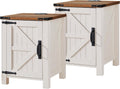 OKD Farmhouse Nightstand Set of 2 with Charging Station, 18 Inch Rustic End Table with Barn Door Cabinet, Adjustable Storage Shelf, Wood Sofa Side Table for Living Room, Bedroom, Antique White