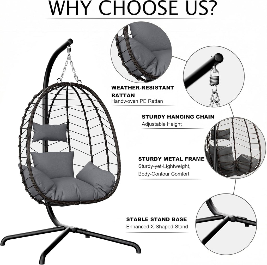 LEX CRAFT Hanging Egg Chair with Stand, Swinging Egg Chair Outdoor Indoor, Hanging Basket Chair with Cushion, Patio Wicker Hammock Chair 350lbs Capacity for Porch, Balcony, Backyard, Garden (Grey1)