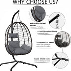 LEX CRAFT Hanging Egg Chair with Stand, Swinging Egg Chair Outdoor Indoor, Hanging Basket Chair with Cushion, Patio Wicker Hammock Chair 350lbs Capacity for Porch, Balcony, Backyard, Garden (Grey1)