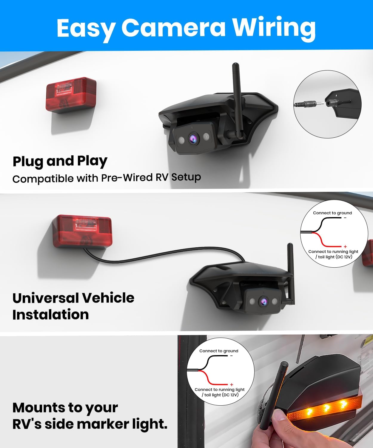 AUTO-VOX Wireless RV Backup Camera: Rear&Side View with 7.2” HD 1080P Triple-Split Screen Monitor  Dual Power USB/Car Charger  DVR Recording  Stable Signal Rear View Camera for Camper  Travel Trailer