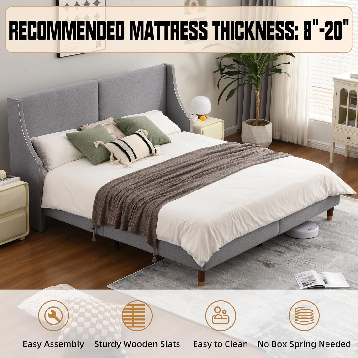 King Size Upholstered Platform Bed Frame with Wingback Headboard, Linen Fabric & Wooden Slats Support, Modern Golden PVC Material Edge for Bedroom,No Box Spring Needed, Easy to Assemble, Grey