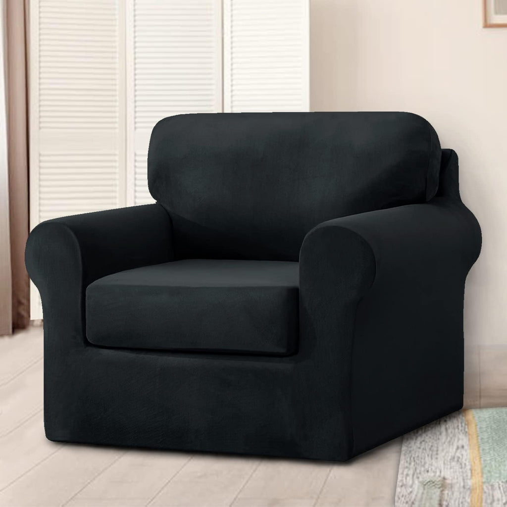 3 Pieces Velvet High Stretch Sofa Covers for 1 Cushion Couch Sofa Slipcovers, Washable Furniture Protector with Drawstring Anti Slip Bottom, Soft and Plush Fabric for Kids and Pet (Black)