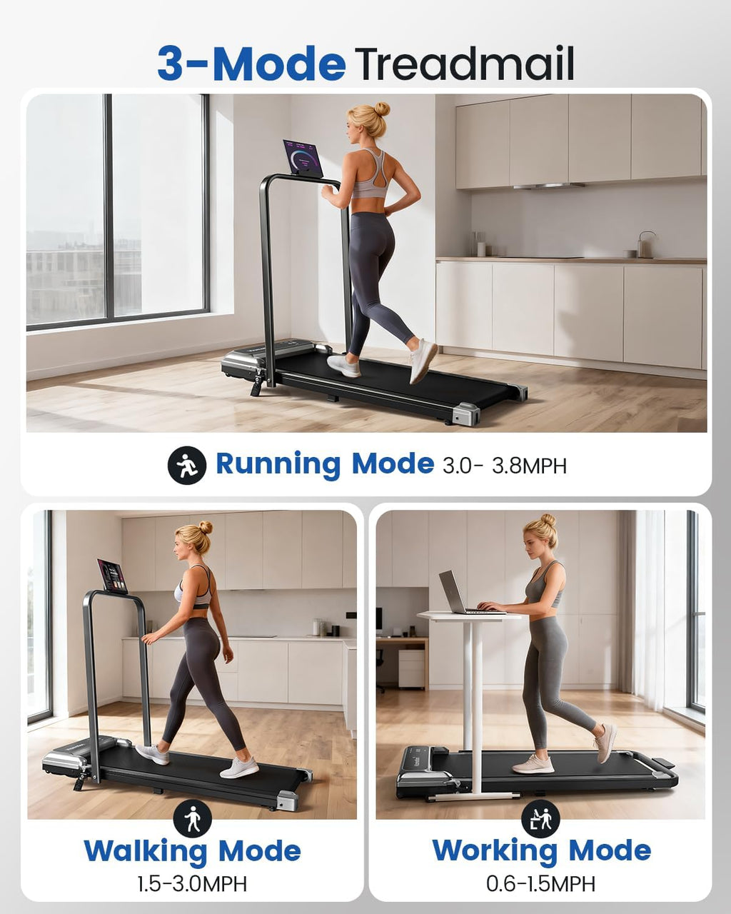 Walking Pad Treadmill with Handle Bar and Adjustable Incline, Compact Portable Treadmills for Home Office, 2.5HP Quiet Anti-Slip Under Desk Treadmills, 0.6-3.8 MPH Remote Speed Control, 265 LBS