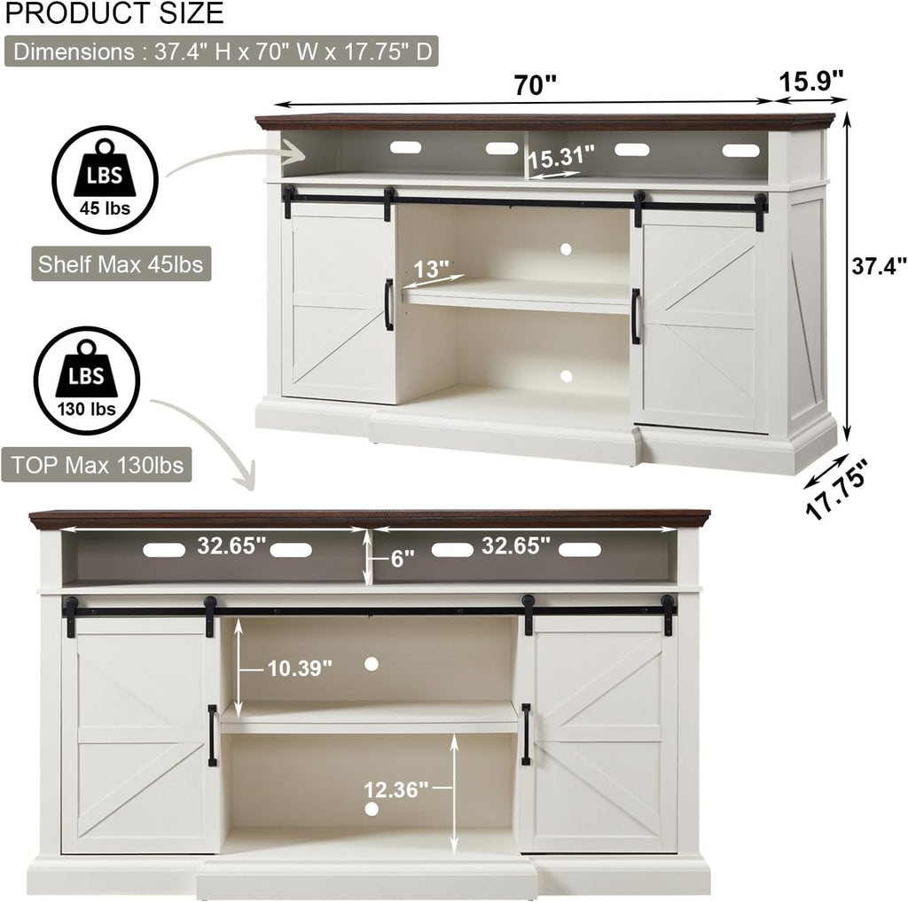 Farmhouse TV Stand for 80 Inch TVs, 37.4"Tall Entertainment Center w/Storage Cabinets and Sliding Barn Door, Media Console Cabinet w/Soundbar & Adjustable Shelves for Living Room, 70 inch (White)
