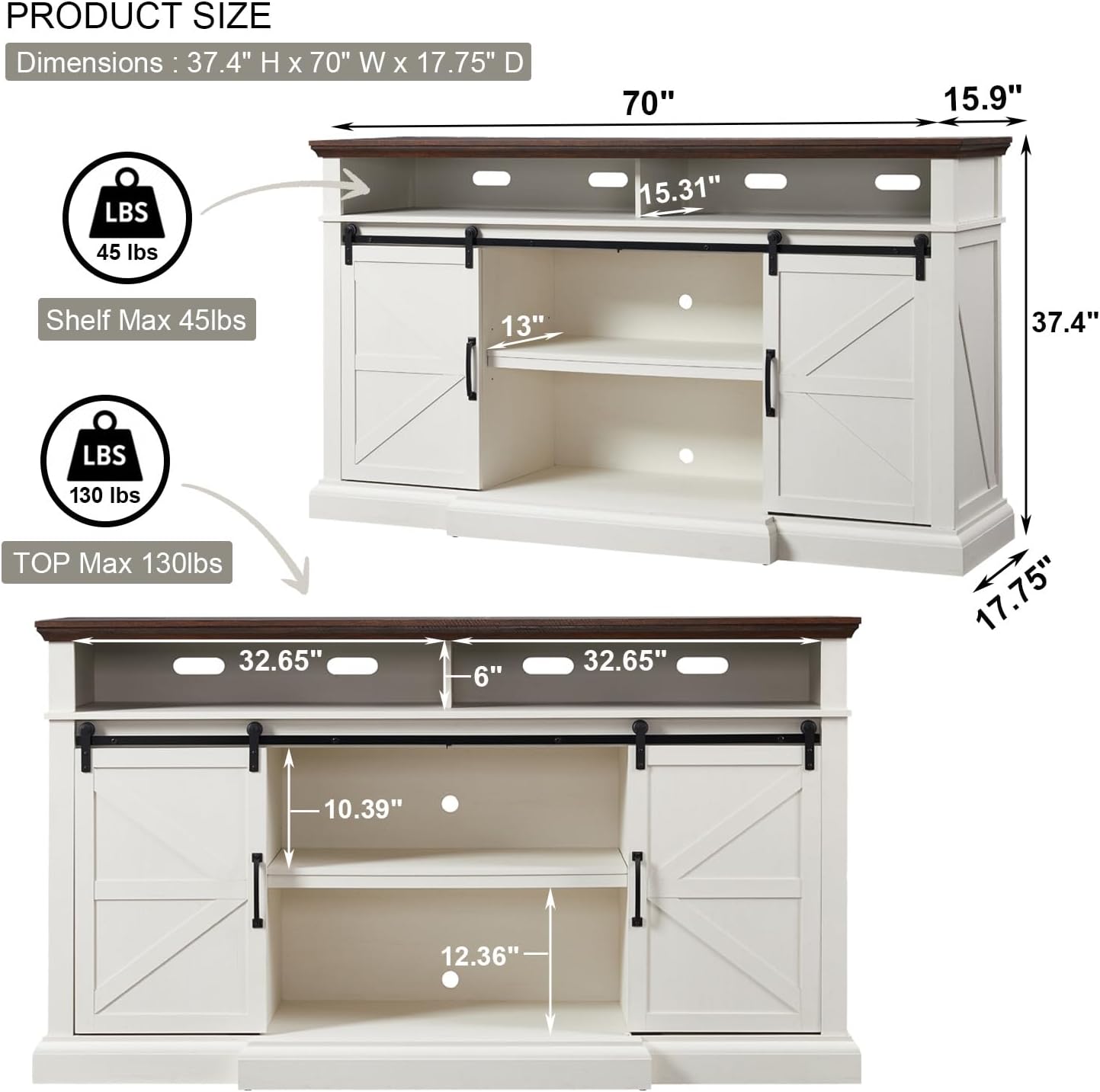 Farmhouse TV Stand for 80 Inch TVs, 37.4"Tall Entertainment Center w/Storage Cabinets and Sliding Barn Door, Media Console Cabinet w/Soundbar & Adjustable Shelves for Living Room, 70 inch (White)