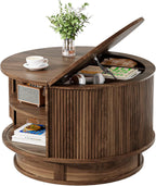 31.5" Round Fluted Coffee Table with Hidden Storage, Modern Wood Coffee Table with Flip-Up Hinged Tabletop, Divided Compartments and Rotating Base for Living Room & Apartment (Walnut)