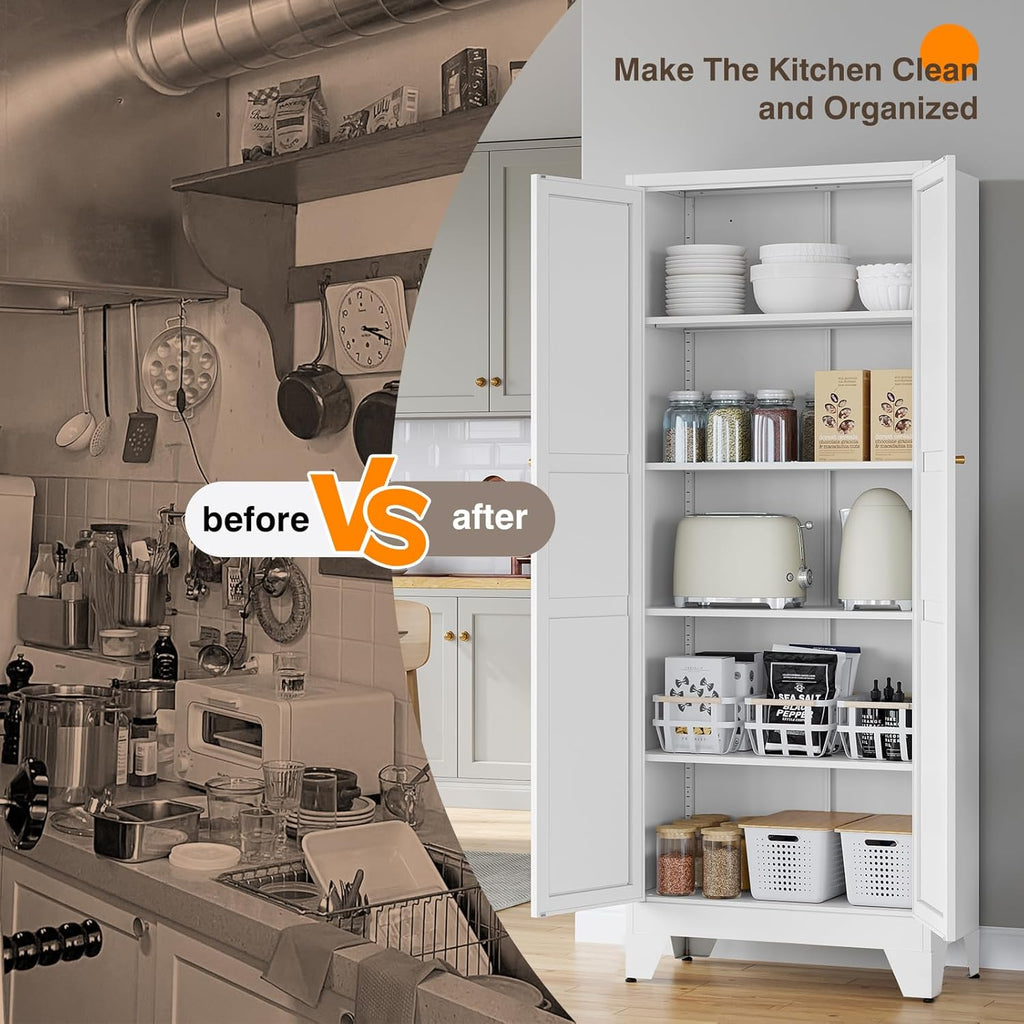 Yizosh Metal Pantry Cabinet, 75" Kitchen Pantry with 2 Door and 4 Adjustable Shelves,White Metal Pantry Storage Cabinet,Cupboard for Kitchen,Dining Room,Living Room and Bathroom