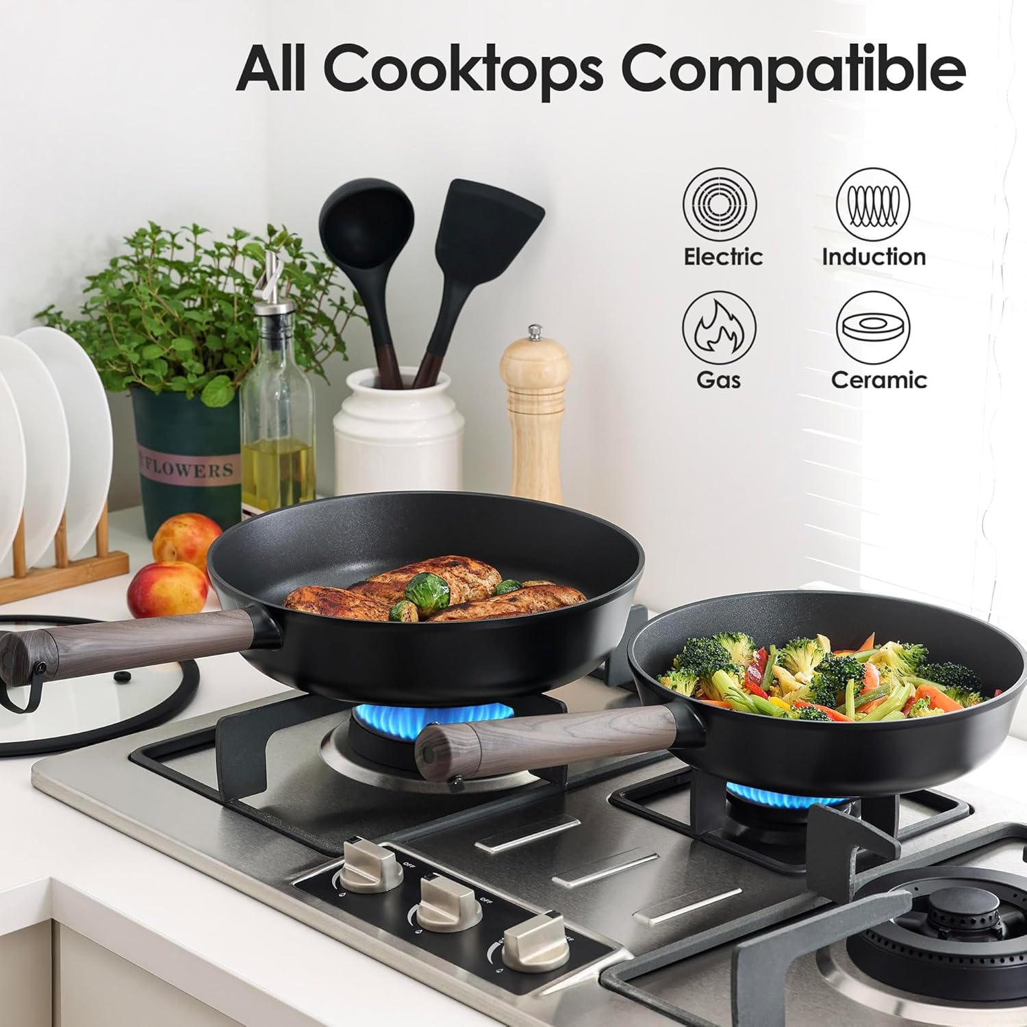 SENSARTE 14Pcs Pots and Pans Set Nonstick Cookware Set Kitchen Cooking Frying Pans with Stay-cool Handle, Dishwasher Safe, Induction Compatible, PFOA/PFOS Free, Black