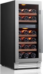 Ca'Lefort 15 Inch Wine Fridge & Cooler - Dual Zone 28 Bottles Wine Cooler with Glass Door, Small Wine Refrigerator with 3 LED Light Built-in for Home Bar Kitchen Left-Hinged Door (3.0 cu.ft)