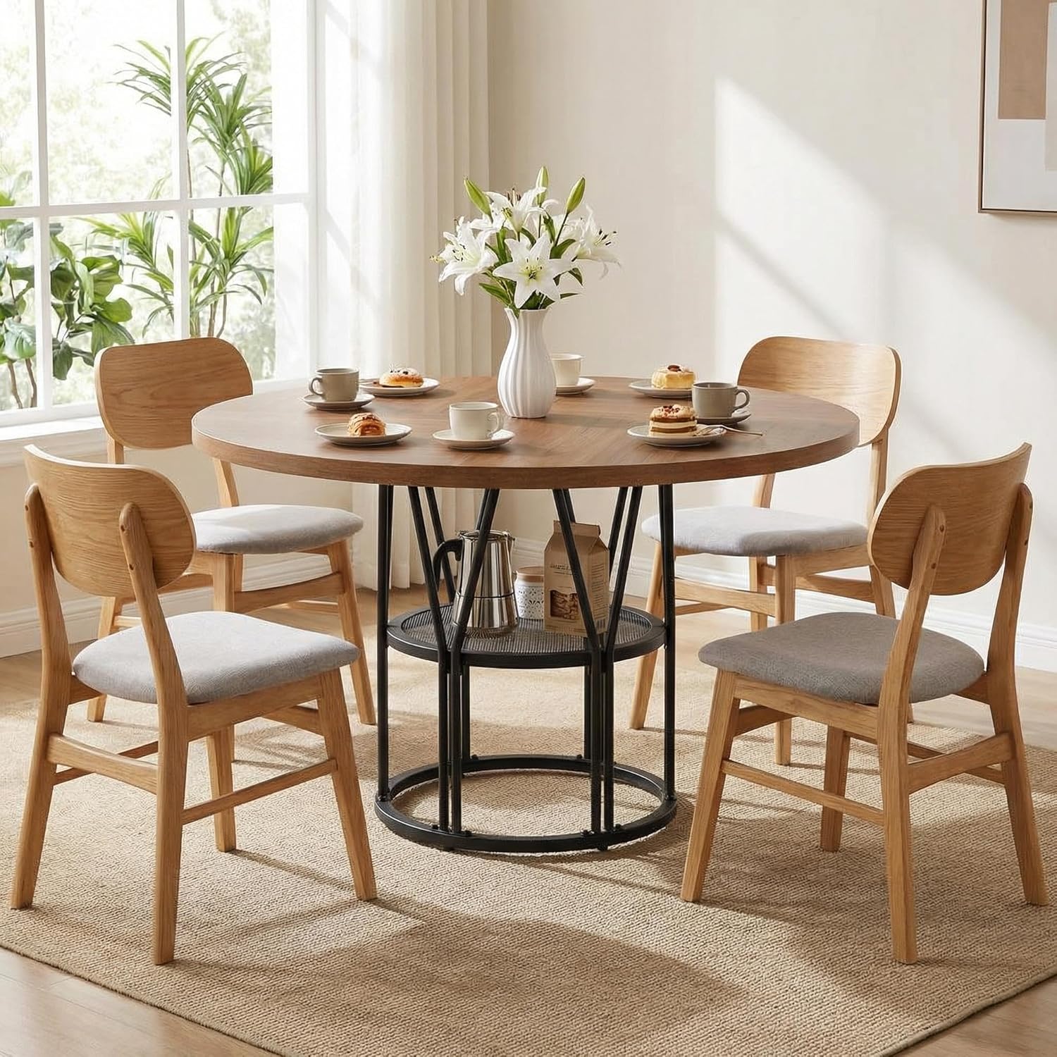 Garvee Round Dinning Table for 4-6 - 47" Circle Dinner Table with Storage Shelf & Sturdy Metal Frame, Modern Breakfast Tea Tray for Kitchen, Living Room, Apartment, Office, Brown