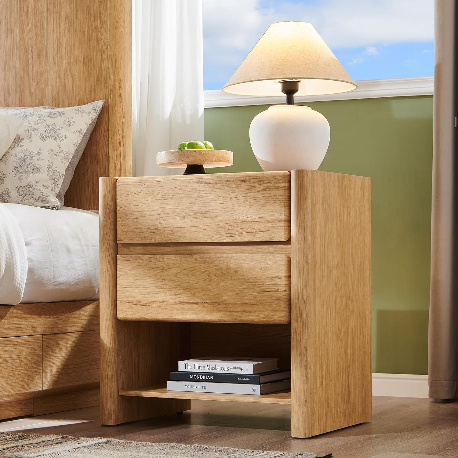 25" Tall Modern Nightstand Set of 2, 23.6" W Nightstand with Charging Station & 2 Storage Drawers & Open Shelf, Wood Night Stand w/Rounded Corner Design for Bedroom (Natural)