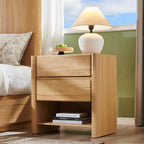 25" Tall Modern Nightstand Set of 2, 23.6" W Nightstand with Charging Station & 2 Storage Drawers & Open Shelf, Wood Night Stand w/Rounded Corner Design for Bedroom (Natural)