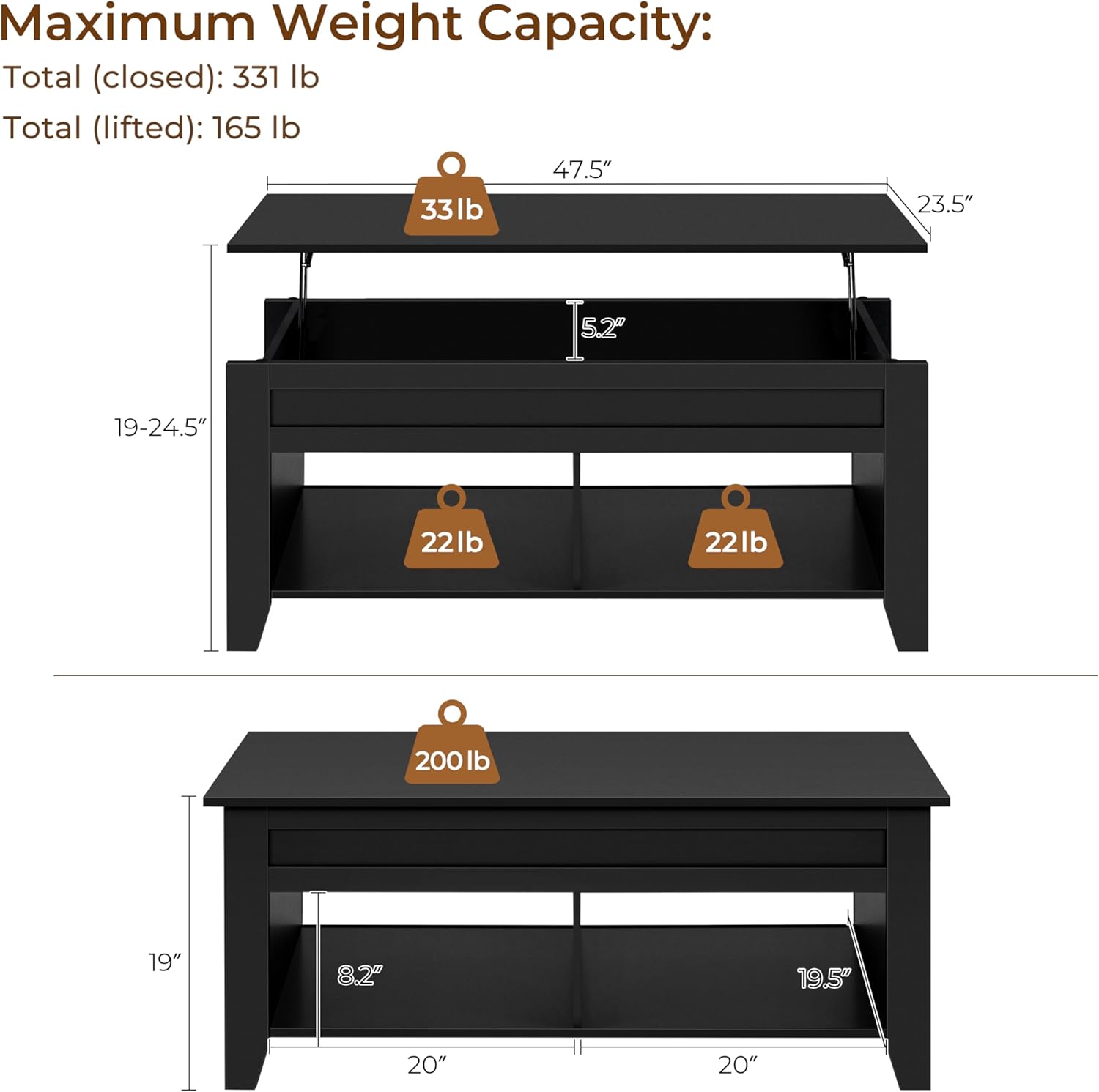 Yaheetech Black Coffee Table, Lift Top Coffee Tables with Hidden Storage Compartment & Open Shelf, Lift Tabletop Pop-Up for Living Room Reception, 47.5inch L