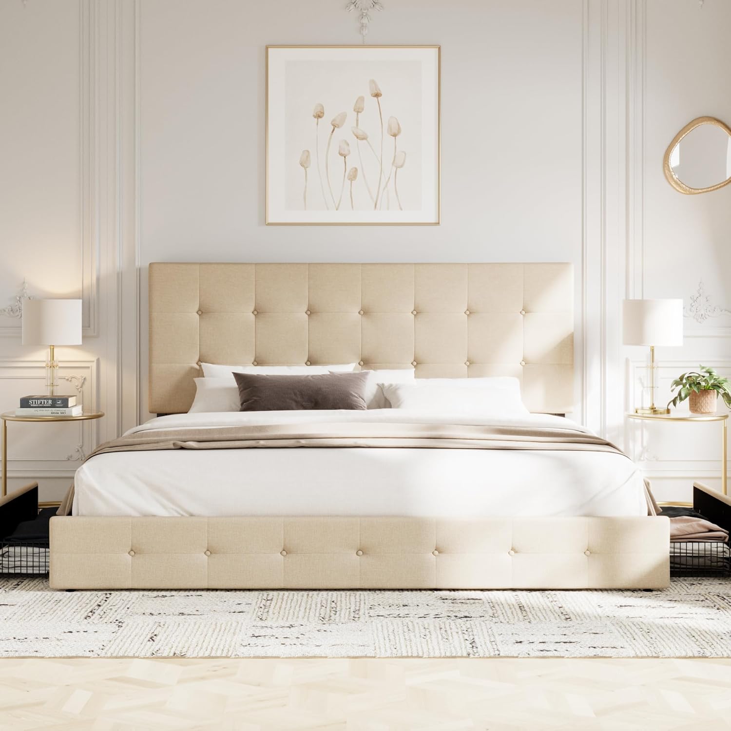 Allewie Upholstered King Size Platform Bed Frame with 4 Storage Drawers and Headboard, Square Stitched Button Tufted, Mattress Foundation with Wooden Slats Support, No Box Spring Needed, Beige
