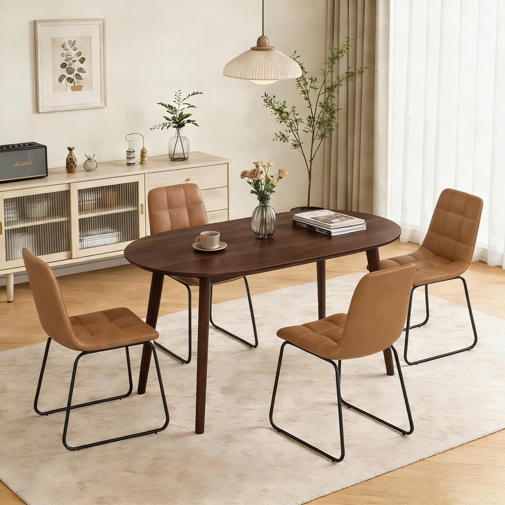 63" Oval Dining Table Set for 4, 5 Piece Modern Dining Table Set for Kitchen and Dining Room, Solid Wood Legs Dining Table with 4 Checkered PU Leather Dining Chairs（Walnut Table+4 Brown Chairs)