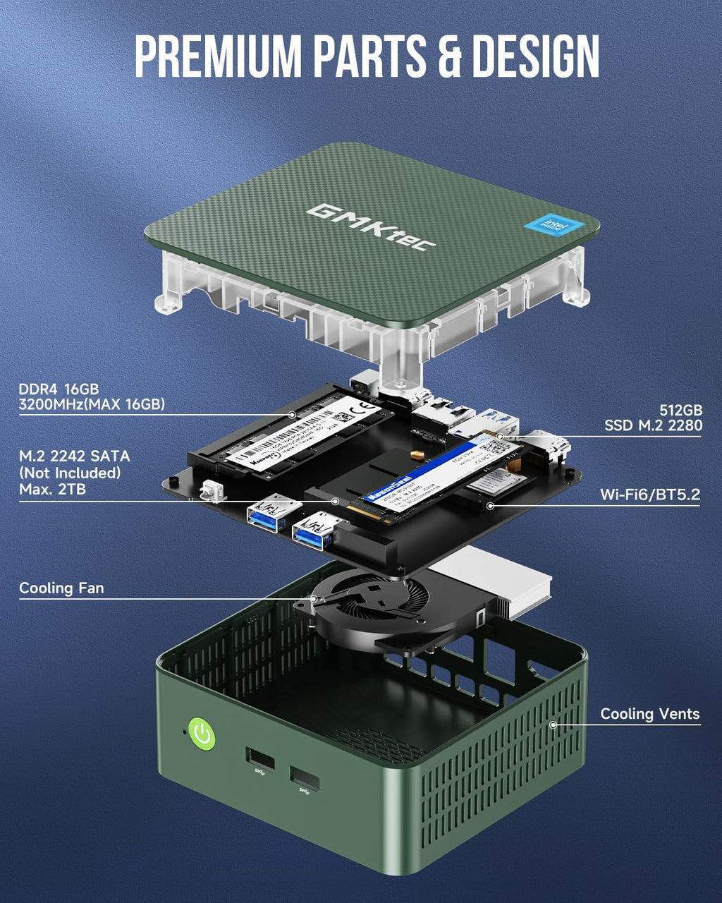 GMKtec Mini PC  Intel Twin Lake N150 (Upgraded N100)  16GB DDR4 RAM 512GB PCIe M.2 SSD  Desktop Computer 4K Dual HDMI/USB3.2/WiFi 6/BT5.2/2.5GbE RJ45 for Office  Business
