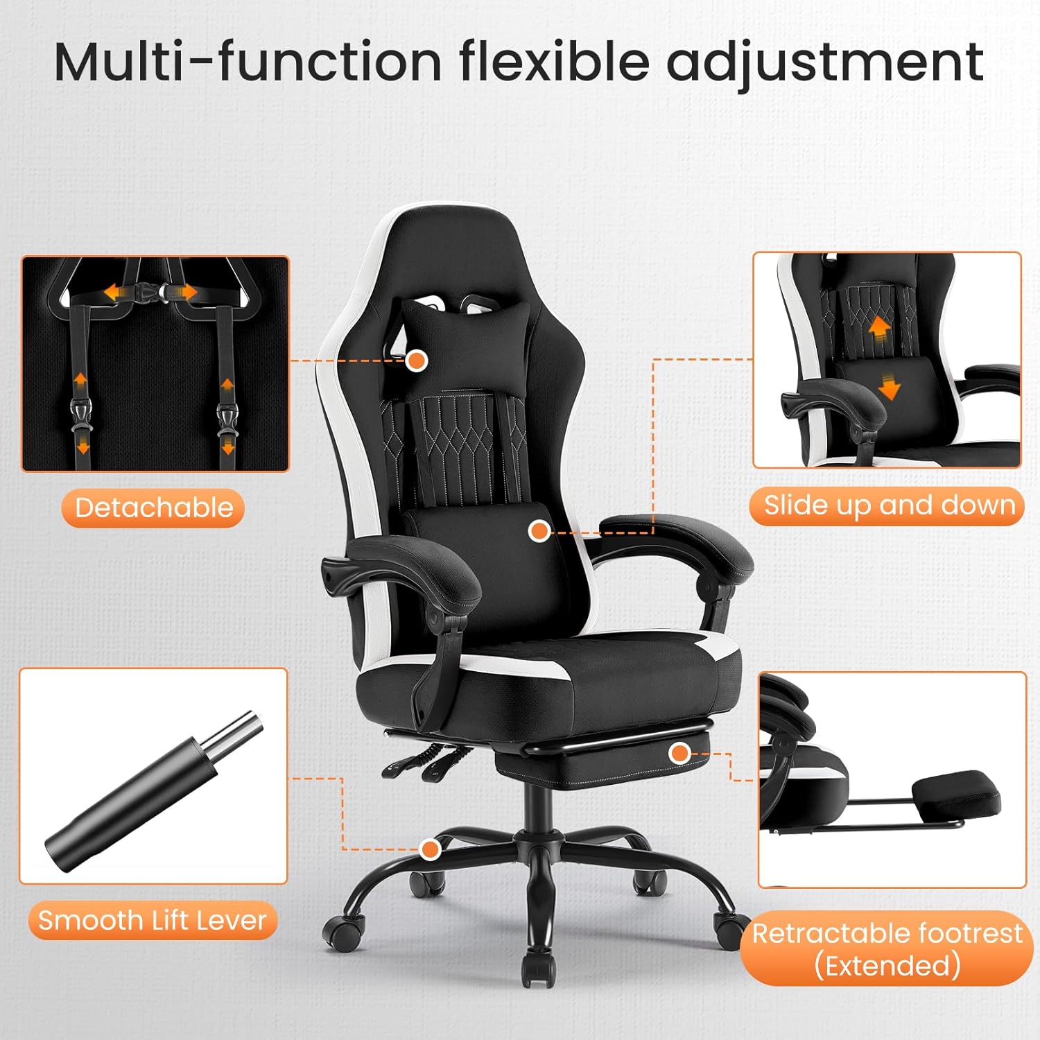 DUMOS Gaming Chair with Linkage Armrests, Video Game Chairs with Pocket Spring Cushion, Ergonomic Computer Silla Gamer Office Desk Chair with Footrest for Adults & Students, Black