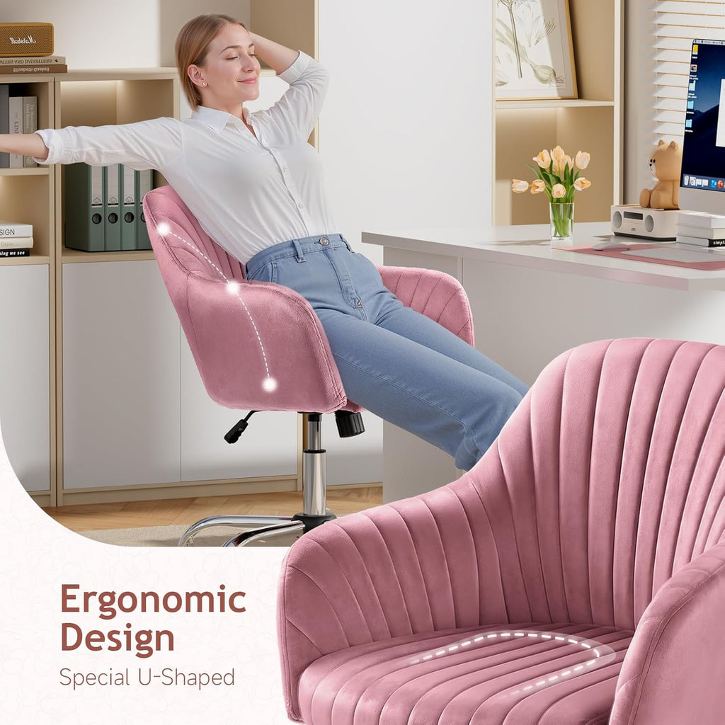 Warmiehomy Office Chair, Velvet Desk Chair for Home Office, Cozy Vanity Chair, Girl Cute Makeup Chair with Arm Rest for Bedroom Dressing Room (Dusty Rose)