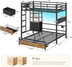 DICTAC Twin Over Full Bunk Bed with 4 Storage Drawers and 3-Tier Open Bookshelf Metal Bunk Bed with LED Lights,Charging Station and Pegboard,L-Shaped bunk Beds with Safety Guardrail and Ladder,Black