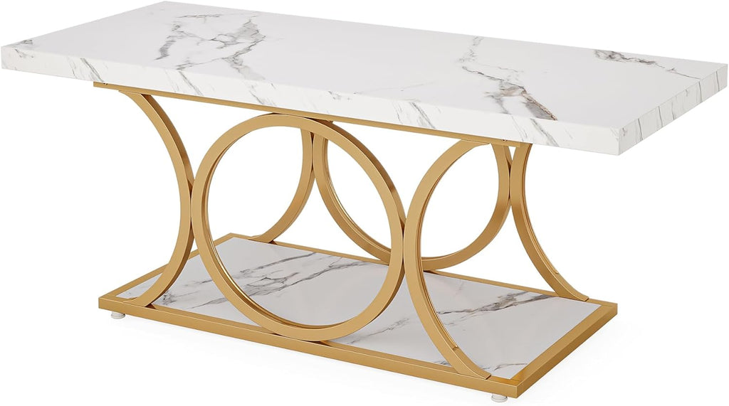 Tribesigns 46.45” Rectangle Coffee Table, Modern Coffee Tables for Living Room, 2-Tier Faux Marble Wood Coffee Table with Geometric Legs, Furniture with Storage Shelf (White & Gold)