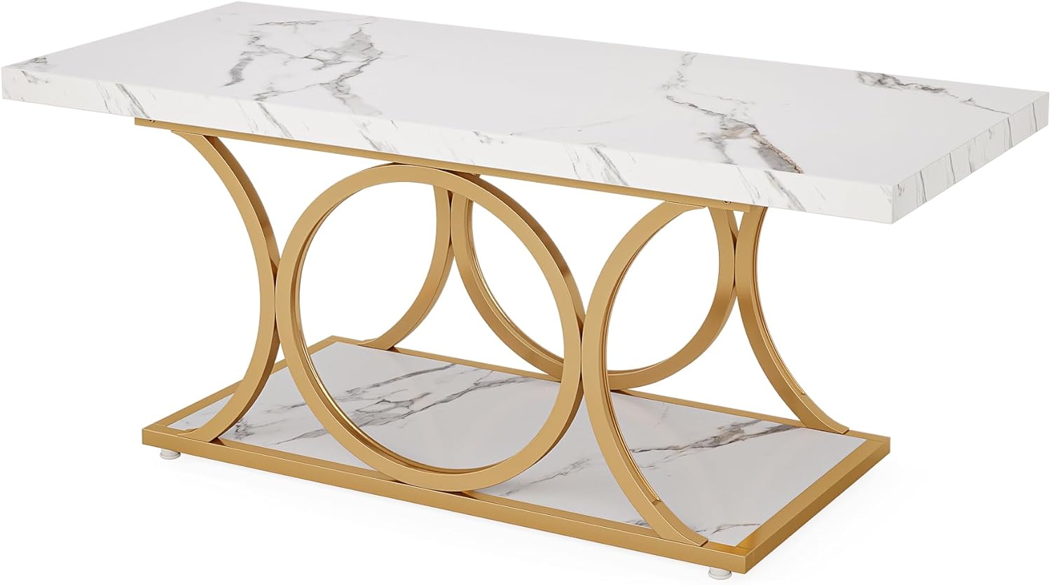 Tribesigns 46.45” Rectangle Coffee Table, Modern Coffee Tables for Living Room, 2-Tier Faux Marble Wood Coffee Table with Geometric Legs, Furniture with Storage Shelf (White & Gold)