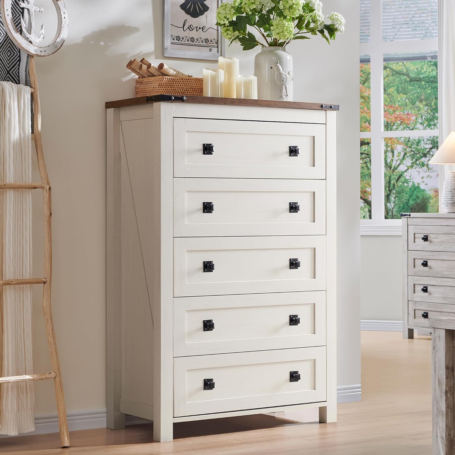 RedLemon Farmhouse 5 Drawer Dresser, 48" Tall Rustic Chest of Drawers, Wood Dresser for Bedroom, Living Room, Hallway, Antique White