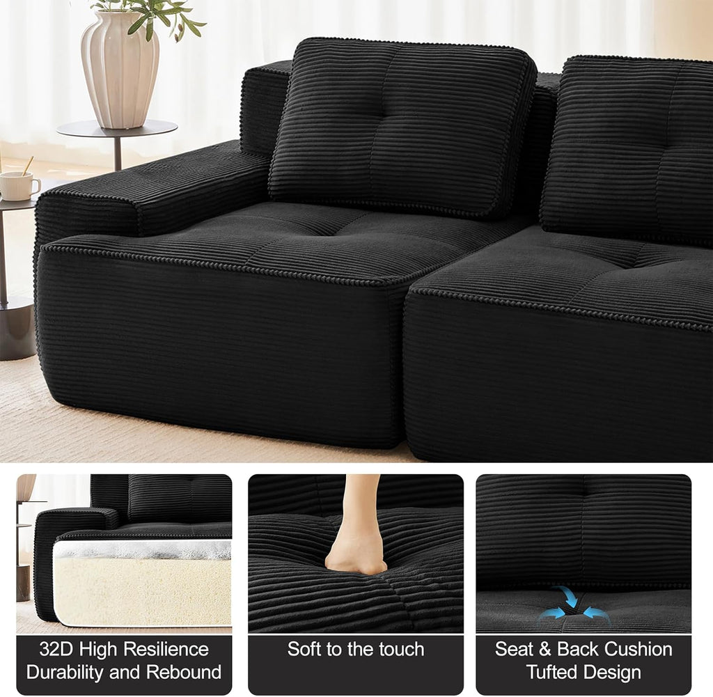 117" Modern Compressed Boneless Couch with Ottoman, 3 Seater Large U Shaped Sectional Couches for Living Room, Black Corduroy Cloud Modular Sectional Sofa, Memory Foam, Extra Deep, No Assembly