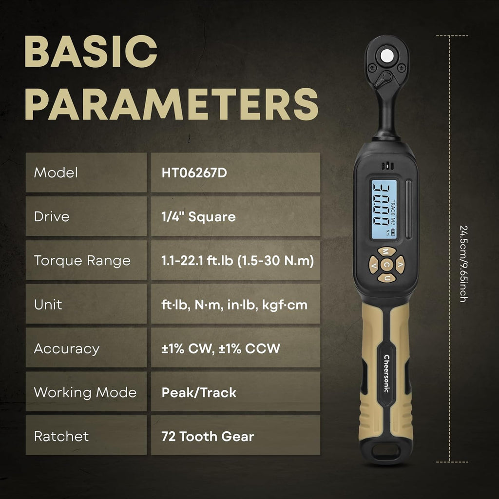 Digital Torque Wrench 1/4 drive, 1.1-22.1 ft-lb (1.5-30 Nm) ±1% Accuracy Inch Pound Torque Wrench with Buzzer and LED Electronic Torque Wrenches with Bits & Sockets for Bike Motorcycle Gunsmithing