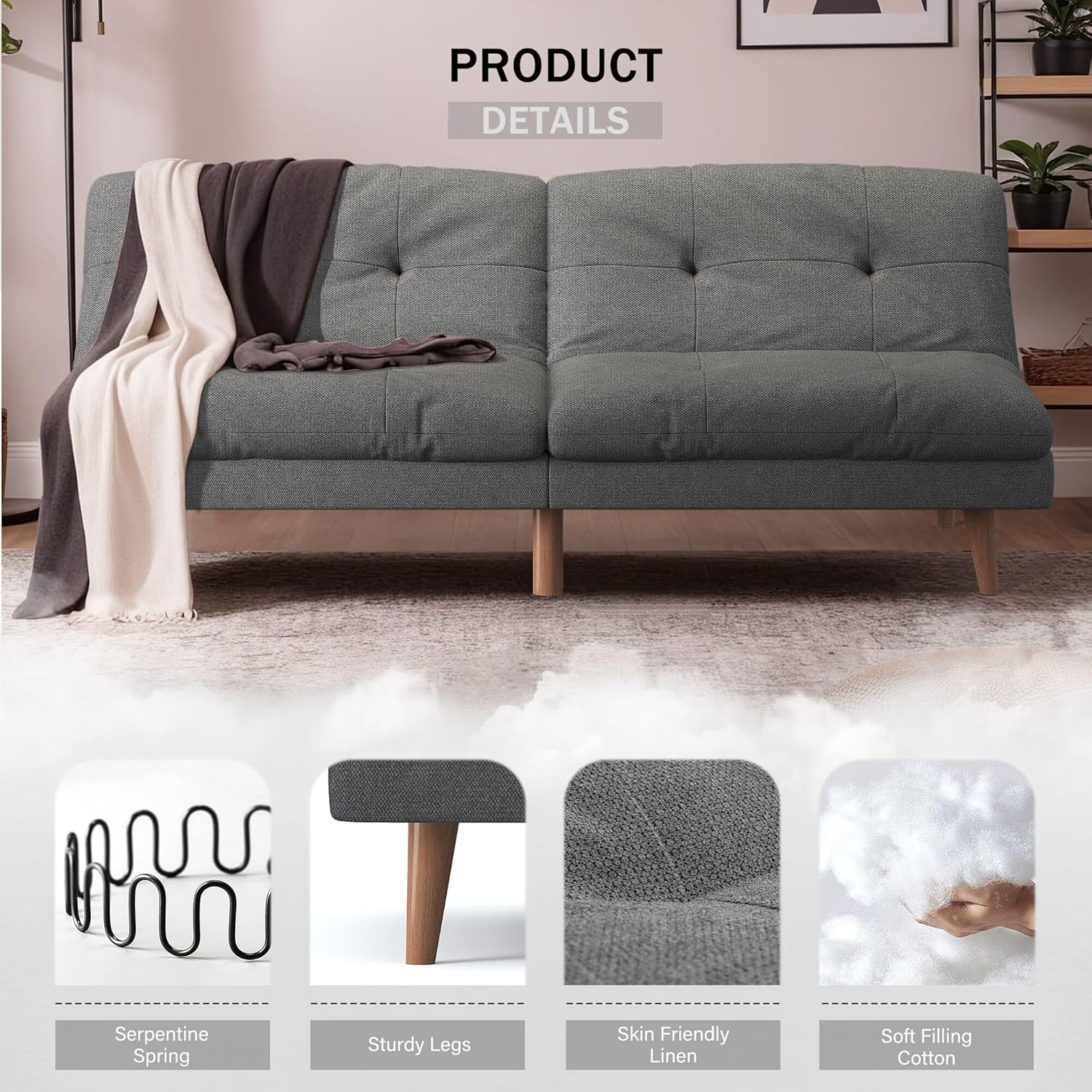 Flamaker Convertible Futon Sofa Bed Futon Couch with Adjustable Back Upholstered Sleeper Sofa Bed for Living Room Furniture (Fabric,Grey)