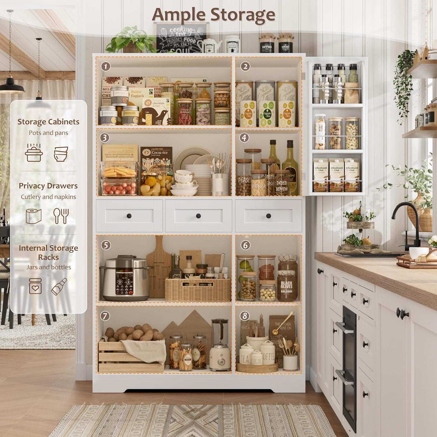 HOSTACK Modern Farmhouse Kitchen Pantry Storage Cabinet, 67" H Kitchen Pantry Cabinet with Barn Doors and Shelves, Freestanding Food Storage Cabinets with Drawers for Dining Room, Living Room, White