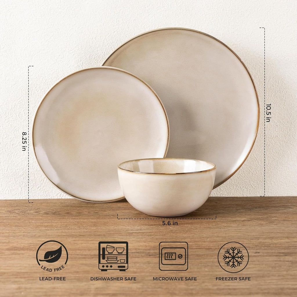 GBHOME Ceramic Dinnerware Sets for 4, 12 Pieces Stoneware Plates and Bowls Sets, Reactive Glaze Dishes -Scratch Resistant, Dishwasher&Microwave Safe-Cappuccino
