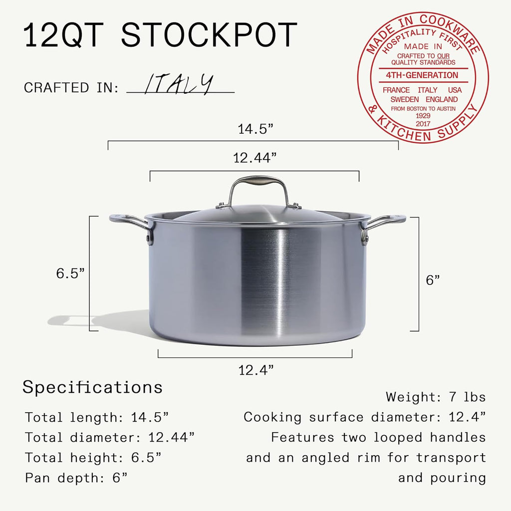 Made In Cookware | 12 Quart Stainless Steel Stock Pot With Lid | 5 Ply Stainless Clad | Professional Cookware | Crafted in Italy | Induction Compatible
