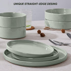 E-far 16-Piece Plates and Bowls Sets - Stoneware Dinnerware Sets with Pasta Bowls for 4 | Microwave & Dishwasher Safe Kitchen Modern Dish Set, Speckled Green