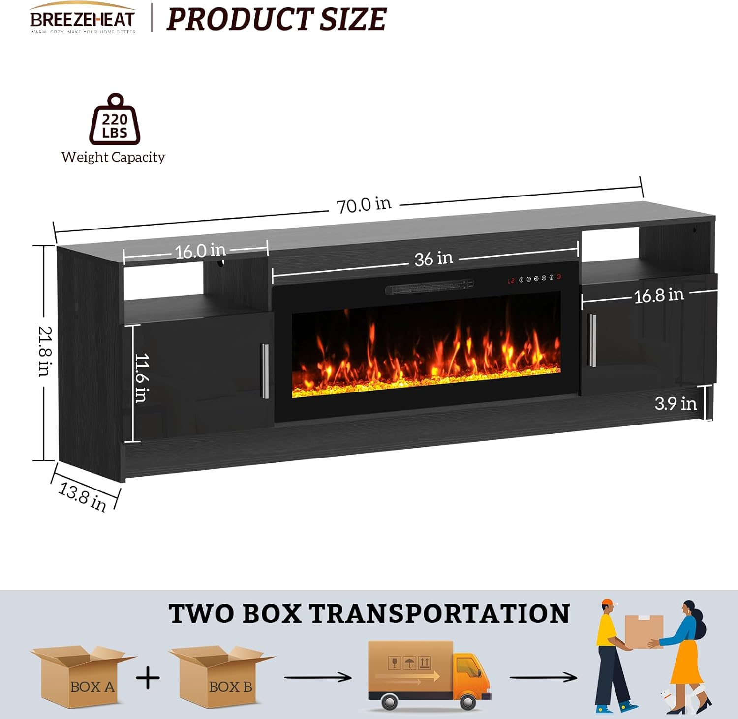 BREEZEHEAT Electric Fireplace TV Stand with 36 inch Fireplace Up to 80" TVs-Led Entertainment Center with High Glossy Doors-70 inch TV Cabinet, Modern Media Console for Living Room(Black)