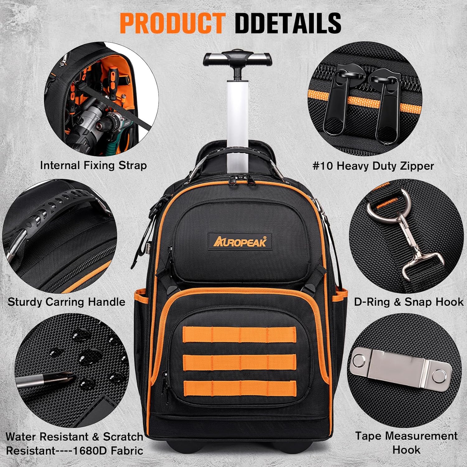 2-In-1 Rolling Tool Backpack Heavy Duty, 47 Pockets Rolling Tool Bag with Wheels, Tool Bag Backpack with Retractable Handle, 1680D, Backpack for Tools HVAC Electrician Construction Worker Mechanic